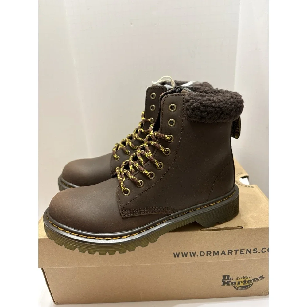 Dr Martens Kids Collar Faux Fur Brown Boots Size‎ 2 NIB
